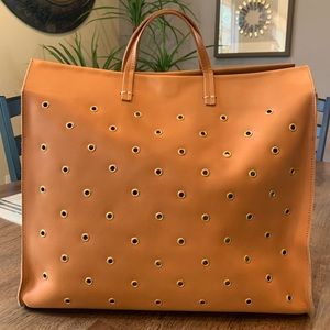 Clare V. Simple Grommet Leather Tote w/ Cuoio Vachetta Leather